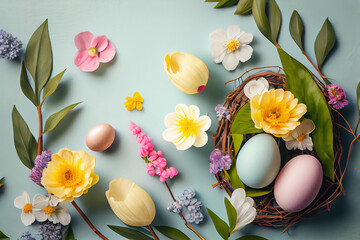 Wall Mural - Easter background with copy space. Eggs, flowers, pastel colors illustration top view generative AI, generative, ai