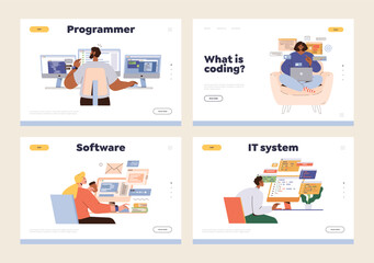 Set of landing page for programming code creation, learning and software development online