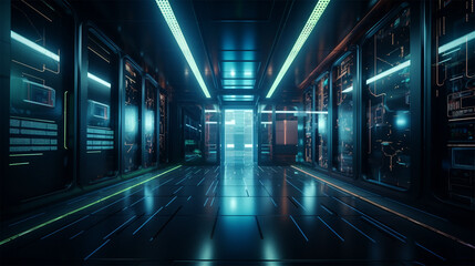 A big IT Serverroom, neon lightning, futuristic matrix style