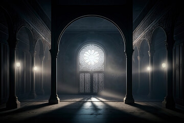 An Islamic mosque interior illuminated by moonlight. Islamic concept and Ramadan celebration. Ai generated art