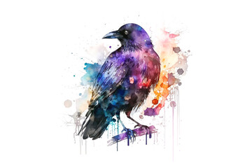 Poster - Raven drawn with multi-colored watercolors isolated on a white background. Generated by AI