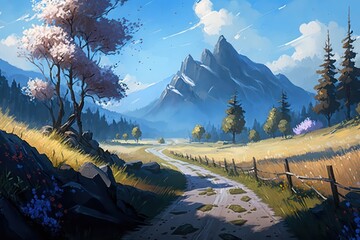 Wall Mural - Empty road through fantasy mountains landscape in digital art style. Illustration painting. Landscape in anime style. Generative AI