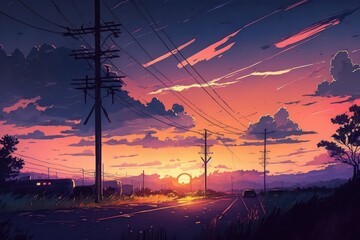 Wall Mural - Anime scene of landscape with sunset and sky view. Digital painting. Illustration style. Anime painting line art. Generative AI.