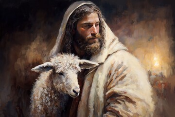 Wall Mural - Jesus Christ, Son of God, the good shepherd with a lamb, symbol of Christianity, art painting, Happy easter. Christian symbol of faith, generative ai