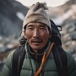 Portrait, adult sherpa man with backpack, trekking outdoors. Ai Generative.