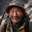 Portrait, adult sherpa man with backpack, trekking outdoors. Ai Generative.