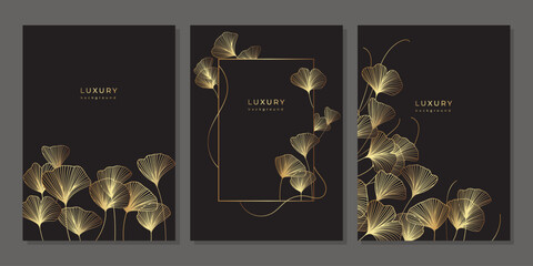 Wall Mural - Set of luxury templates with golden linear ginkgo biloba leaves on black background. Japanese style line art with branches. Botanical vector illustration. Floral pattern