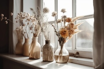 Wall Mural - Windowsill vase with dried flowers. Boho decor. Comfort aesthetics. Scandi cozy. White light. rustic. Generative AI