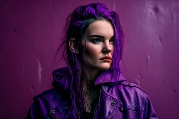 Wall Mural - Portrait of a Beautiful Woman With Purple background. Fictional person created with Generative AI