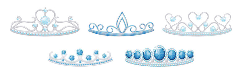 Wall Mural - Blue Tiara or Diadem as Jeweled Ornamental Crown Vector Set