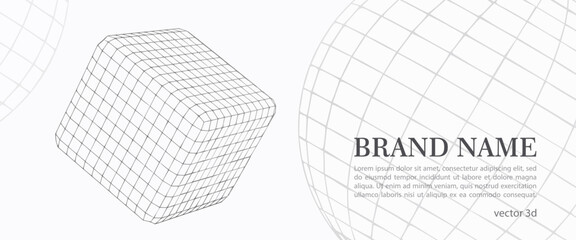 Hi tech vector abstract background with flying 3d grid cube and sphere. Minimalistic modern template concept of information data processing. White and gray geometric design backdrop cloud data transfe
