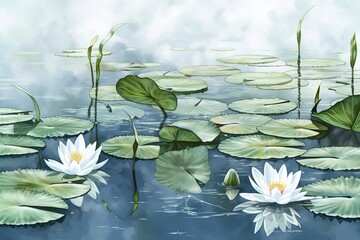 White water lily Watercolor painting