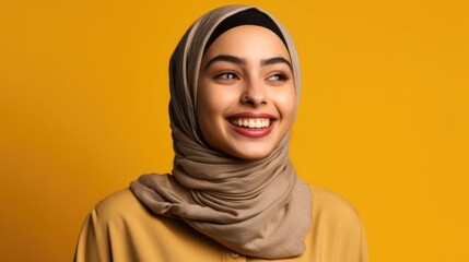 Poster - Young middle eastern woman laughing looking at the camera studio shot. Generative AI	
