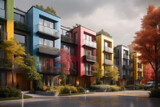 Fototapeta Most - colorful townhouses in the city created with Generative AI technology