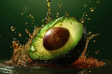 Wall Mural - Levitation sliced avocado with drops of oil splash , isolated on green background, organic healthy, flying food.