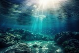 Fototapeta Fototapety do akwarium -  the sun shines through the water above the rocks and water floor of a coral reef in the ocean with sunlight streaming through the water.  generative ai