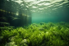  An Underwater View Of A Grassy Area With Rocks And Water In The Foreground And A Rock Wall In The Background, With Sunlight Streaming Through The Water.  Generative Ai