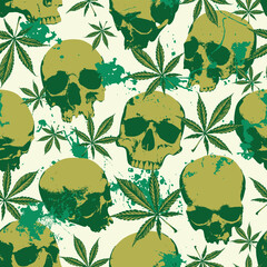 Vector seamless pattern in retro style on the theme of legalize marijuana and human skulls and splashes of green paint. Color repeatable background with hemp leaves, cannabis plants