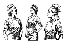 Women Chef. Hand Drawn Set Of Vintage Engraving Woodcut Style Vector Illustrations.