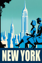 A Vintage Poster Of New York With Blue Tones, A Distinctive Skyline And The Silhouettes Of A Romantic Couple. A Calm, Retro Poster With A Touristy Feel. Generative AI