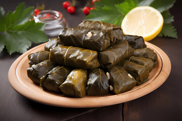Wall Mural - Dolma - Middle East - Grape leaves, rice, ground beef or lamb, onions, tomatoes, parsley, mint (Generative AI)