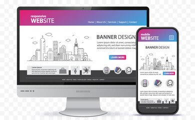 responsive website design with desktop computer and mobile phone screen vector illustration. digital