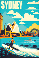 Vintage Poster Of 1950s Sydney With A Surfer Silhouette, Opera House, And Harbour Bridge. Bright Blue Sky With White Clouds, Vivid Colors And Flat Design. Generative AI