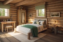 Green Beige Log Cabin Bedroom. Double Bed, Wooden Side Tables. Frame Mockup, Farmhouse Interior,. Generative AI