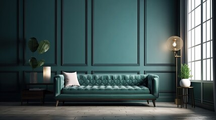 Wall Mural - Modern Vintage interior of living room, Blueprint home decor concept ,green couch with marble table on blue wall and Hardwood Flooring, generative ai