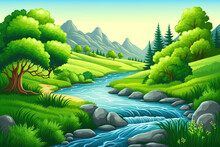 A River Running Through A Lush Green Valley, Cartoon Landscape , Art Illustration 