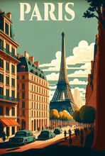 Old Vintage Poster Of Paris, With Its Characteristic Architecture And Atmosphere Of The City. Ideal For Nostalgic And Aesthetic Projects. Title: Paris. Generative AI
