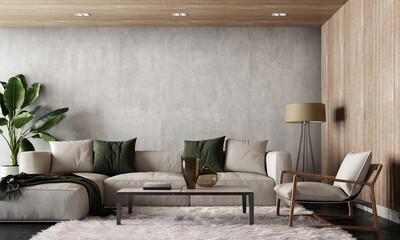 Modern interior design of living room with empty concrete wall background. 3D Rendering, 3D Illustration