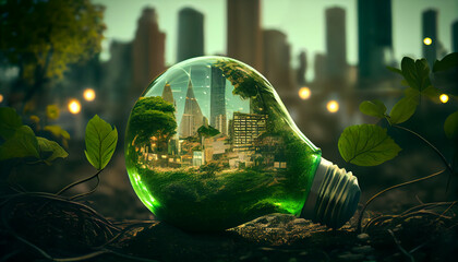 Green city with large trees and modern tall buildings inside light bulb. Concept of sustainable and eco-friendly urban development, where technology and nature coexist in harmony. Generative AI.