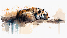 Sleeping Tiger In Natural Habitat, Isolated On White Background - Watercolor Style Illustration Background By Generative Ai