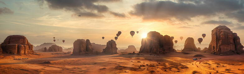 wide angle view of a generic rocky mountains of Al Ula desert Saudi Arabia touristic destination at the golden hour sunset with copyspace area - Generative AI