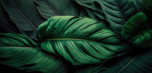 Wall Mural - Background of tropical leaves, lush green jungle thickets, generative ai illustration