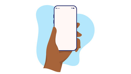 Aufkleber - Phone in hand mockup - Left hand with dark skin holding smartphone with empty white screen. Flat design vector illustration with white background