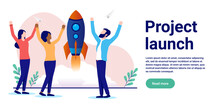 Project Launch - Team Of Business People Launching Rocket, Celebrating And Cheering. Flat Design Vector Illustration With White Background And Copy Space For Text