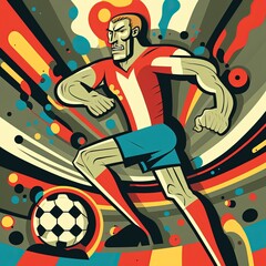 Wall Mural - Retro illustration in constructivism, modernism cartoon style of football soccer player, defender, goalkeeper, striker in football game. Generative AI
