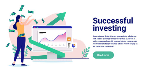 Leinwandbilder - Successful investing - Woman having great return on investment, making money in front of computer with rising chart and green arrow. Flat design vector illustration with white background