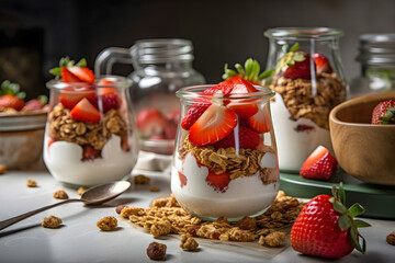 Wall Mural - Healthy breakfast of strawberry parfaits made with fresh fruit, yogurt and granola over a rustic table. AI generated