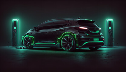 Sticker - Electric car at charging station. Front view electric car with green glowing on dark background. EV concept