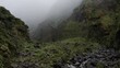 hikers in the misty valley of vale des lombadas,serra de aqua de pau,island sao miguel,azores,portugal,drone photography