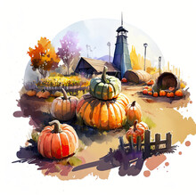 Watercolor Pumpkin Farm With Old Farmhouse In The Background Created With Generative AI Technology