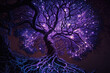 large strongly rooted tree, luminous points in the tree top, abstract purple design, background image created with Generative AI technology