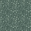 Seamless repeat pattern. Boho inspired small scale flowers and foliage in green and sage.
