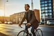 Young stylish businessman enjoying morning ride to work on bicycle, candid urban scene, eco-friendly commute, generative ai