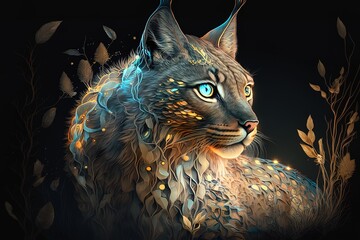 Wall Mural - the mythic guardian of nature: an illuminated lynx illustration generative ai
