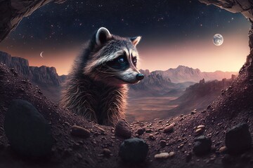 Wall Mural - wandering into realms unknown: a raccoon's odyssey generative ai