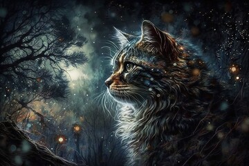Wall Mural - wildkat whispers through mystic woods and enchanted skies generative ai